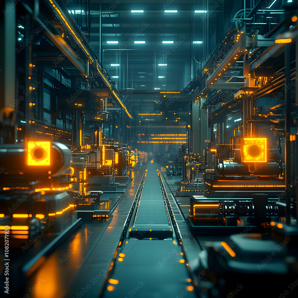 Fototapeta premium 3D Futuristic Factory Interior Automation Technology Illustration