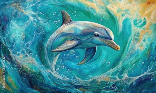 A painting of a dolphin in the ocean photo