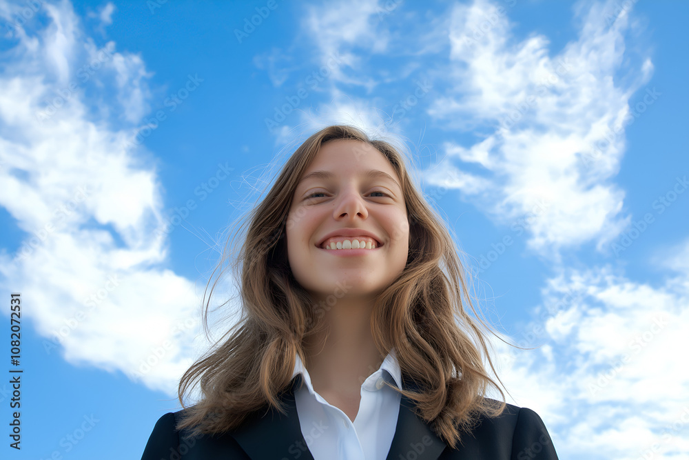 High school teenage girl portrait standing with the sky in the background High school teenage girl portrait standing with the sky in the background