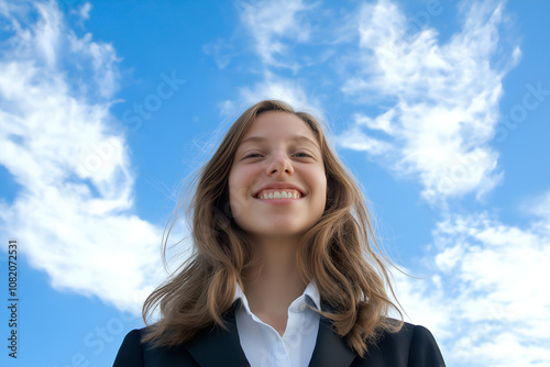 High school teenage girl portrait standing with the sky in the background