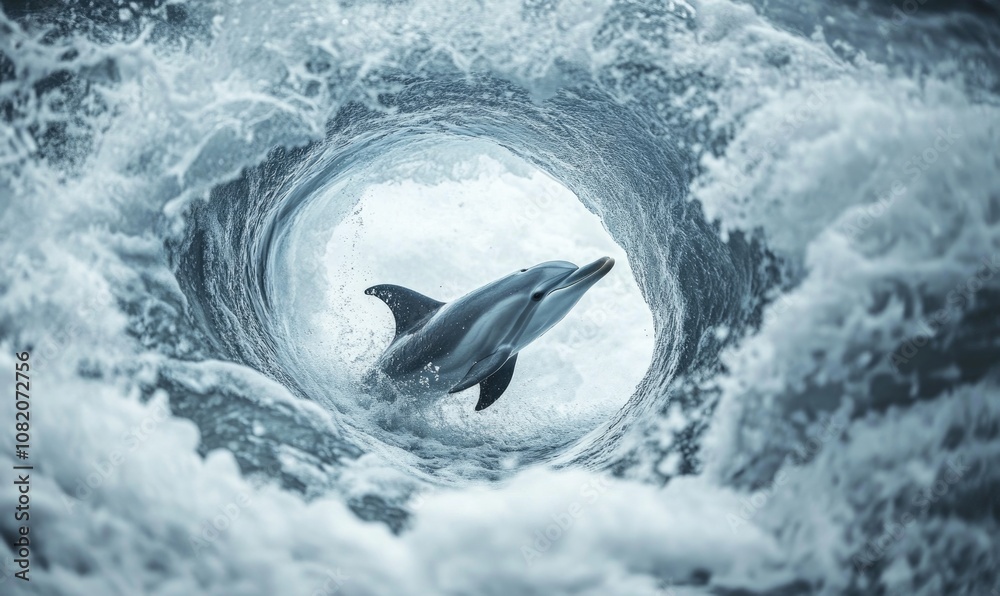 Fototapeta premium A dolphin is swimming in a wave
