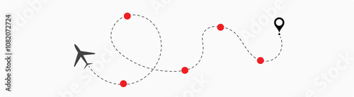 Airplane line path vector icon set of air plane flight route with start point and dash line trace. Plane vector icon and dotted line airplane path 4