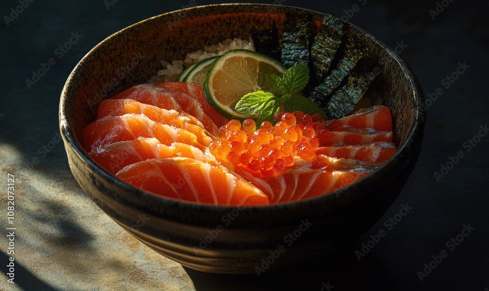 A bowl of food with salmon and lime slices A bowl of food with salmon and lime slices