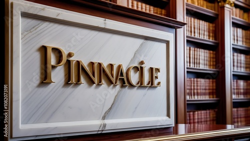 A gold-plated "Pinnacle" sign is mounted on a white marble wall with a wooden frame. It is part of a luxurious interior with a bookshelf in the background.