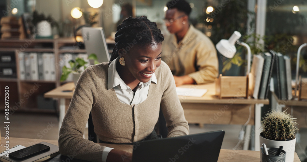 Black woman, laptop and press communication in office, email client and online to update website. Female person, journalist and chat to contact for quote in workplace, night and reporter for article Black woman, laptop and press communication in office, email client and online to update website. Female person, journalist and chat to contact for quote in workplace, night and reporter for article