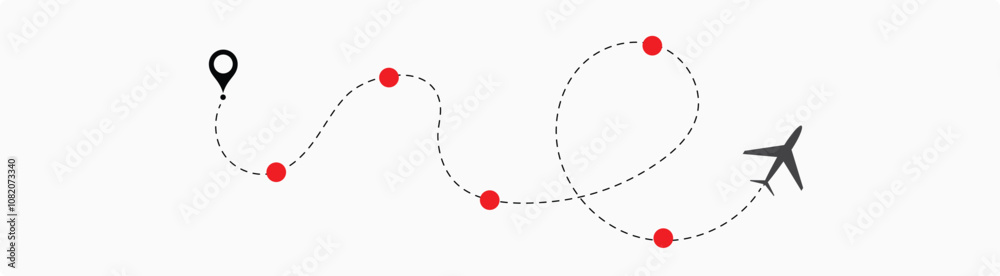 Airplane line path vector icon set of air plane flight route with start point and dash line trace. Plane vector icon and dotted line airplane path 3 Airplane line path vector icon set of air plane flight route with start point and dash line trace. Plane vector icon and dotted line airplane path 3
