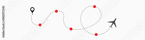 Airplane line path vector icon set of air plane flight route with start point and dash line trace. Plane vector icon and dotted line airplane path 3