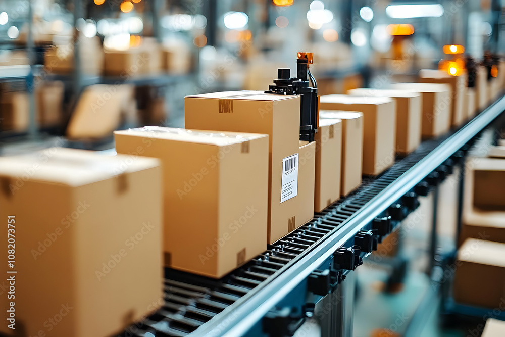 Photo - Cardboard Boxes on Conveyor Belt in Warehouse Photo - Cardboard Boxes on Conveyor Belt in Warehouse