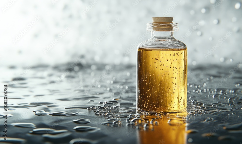 A bottle of liquid is sitting on a surface with water droplets around it A bottle of liquid is sitting on a surface with water droplets around it