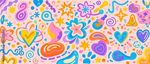 Abstract seamless pattern with hand drawn shapes and doodles in a pink background.