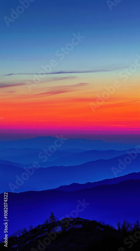 Vibrant sunset over layered mountain ranges creates a stunning gradient sky, AI