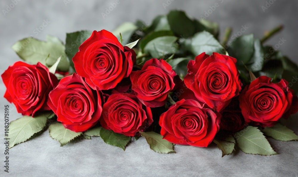 A bouquet of red roses with green leaves
