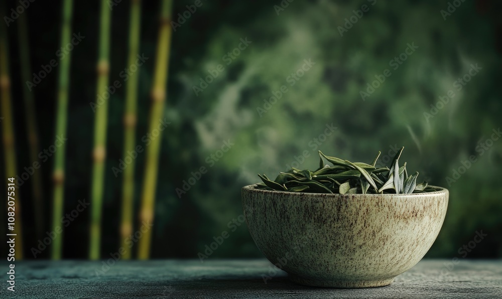A bowl of herbs sits on a table A bowl of herbs sits on a table