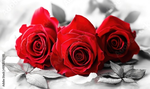 Fototapeta Naklejka Na Ścianę i Meble -  Three red roses are on a white background