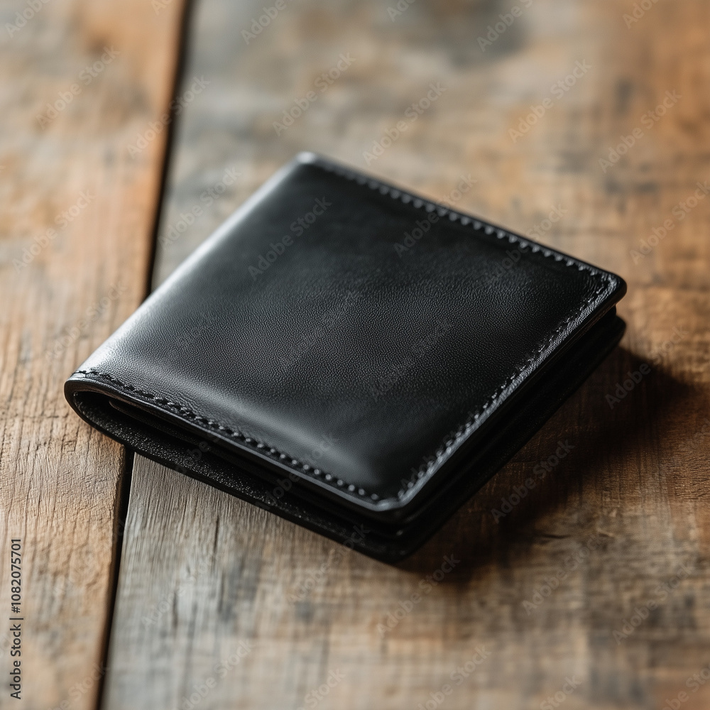 A single black leather wallet on a wooden surface A single black leather wallet on a wooden surface