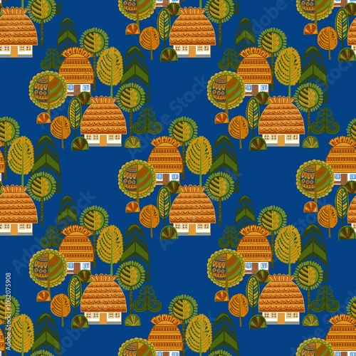 Ukrainian village. Folk art style.rtwork