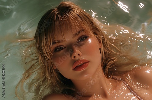 A beautiful woman lying in the water, a close-up shot, a gorgeous body, long blonde hair with bangs