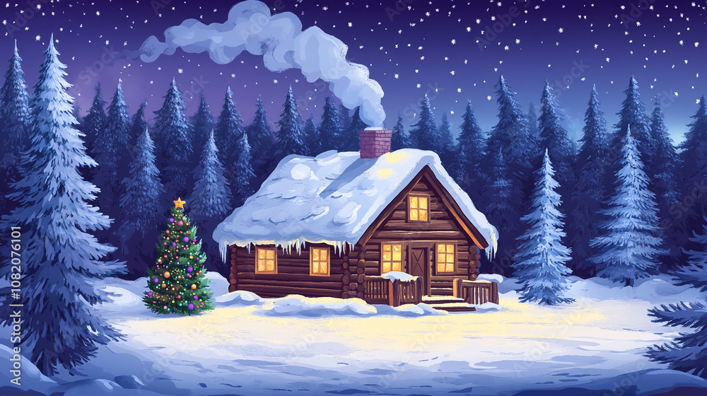Cozy Log Cabin with Christmas Lights in Snowy Winter Forest