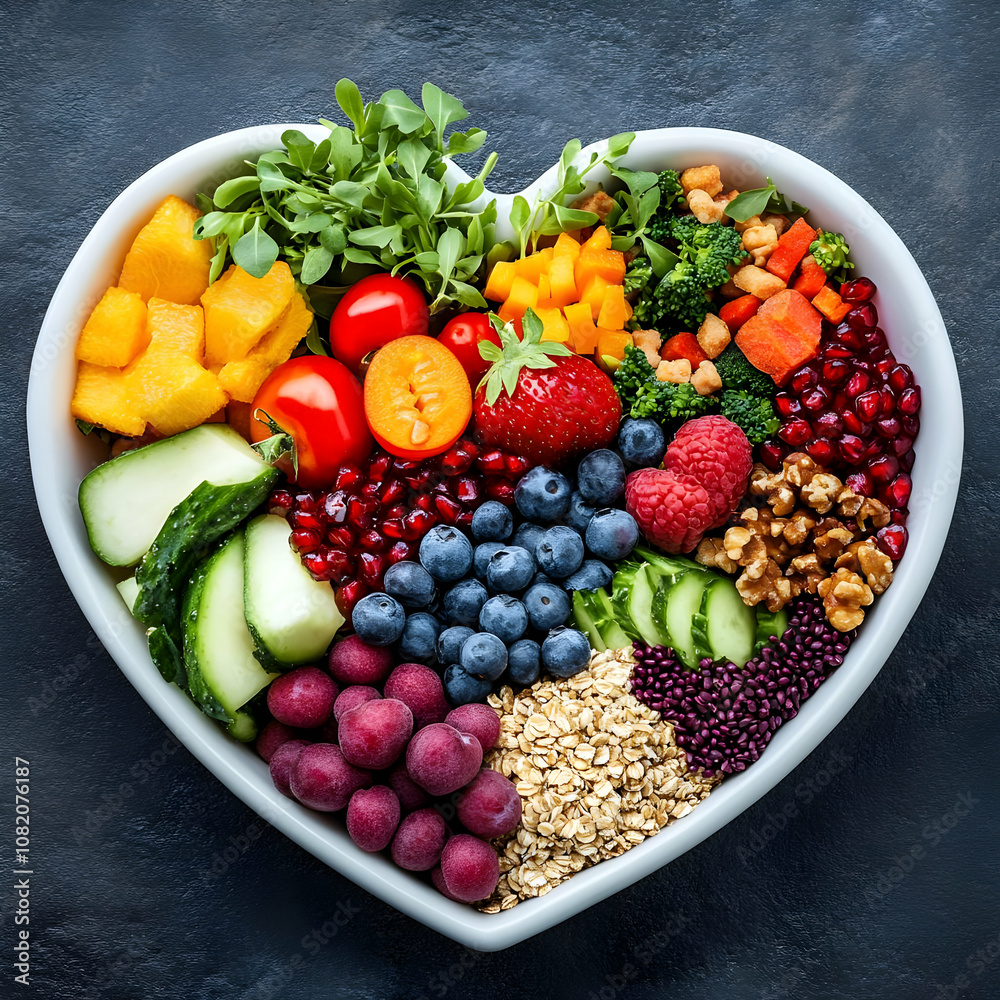 Photo - Heart-Shaped Bowl with Fruits, Vegetables, Nuts, and Grains Photo - Heart-Shaped Bowl with Fruits, Vegetables, Nuts, and Grains