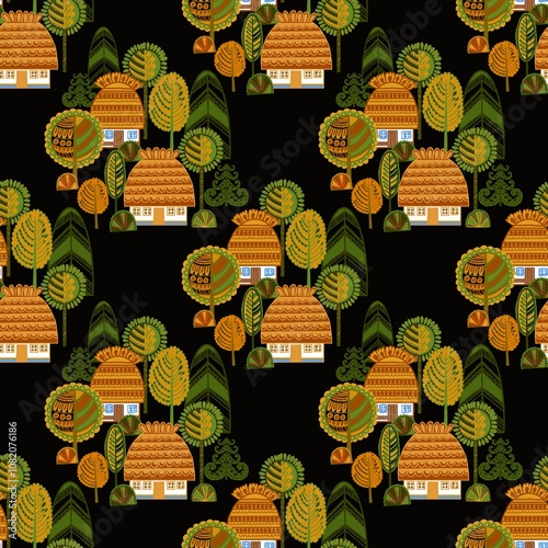 Ukrainian village. Folk art style.rtwork