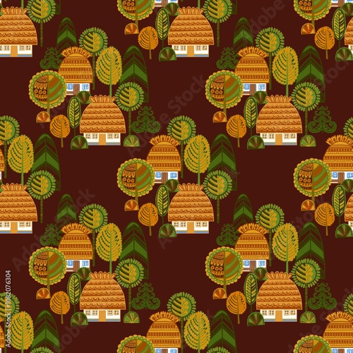 Ukrainian village. Folk art style.rtwork