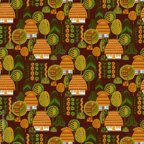 Ukrainian village. Folk art style.rtwork
