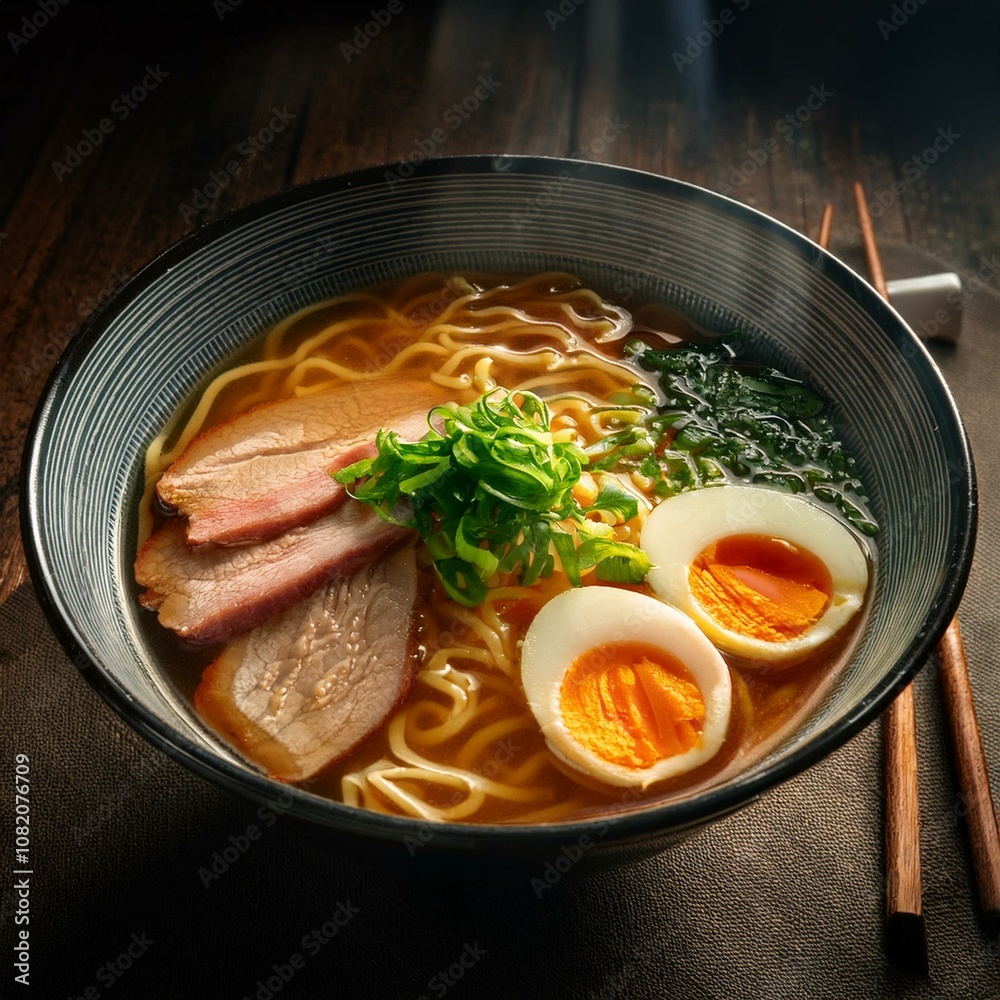 Ramen – Japanese noodles in broth, often served with pork, egg, and veggies,Beautiful camera Ramen – Japanese noodles in broth, often served with pork, egg, and veggies,Beautiful camera