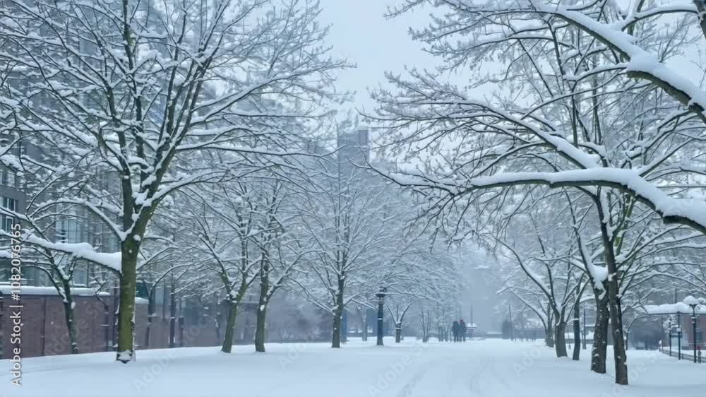 Serene winter landscape with snow covered trees lining peaceful pathway, where soft snowfall creates tranquil atmosphere in natures cold embrace. Serene winter landscape with snow covered trees lining peaceful pathway, where soft snowfall creates tranquil atmosphere in natures cold embrace.