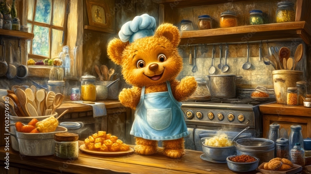 A cute bear dressed as a chef stands in a charming kitchen, waving while surrounded by fresh ingredients and cooking utensils, ready to cook A cute bear dressed as a chef stands in a charming kitchen, waving while surrounded by fresh ingredients and cooking utensils, ready to cook