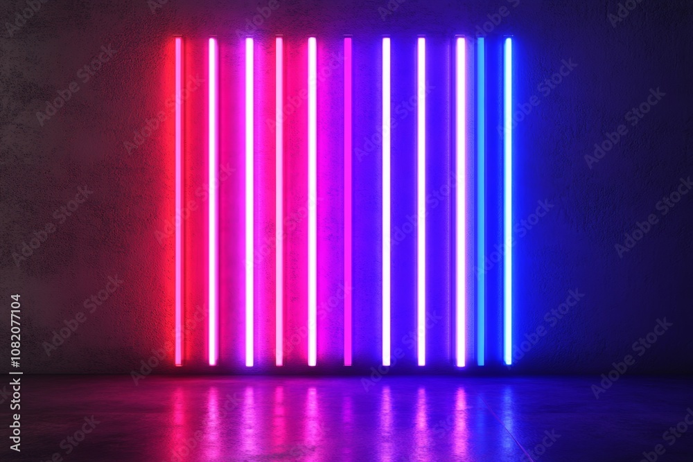 Chaotic ultraviolet neon light display with vibrant laser rays in a dark space setting
