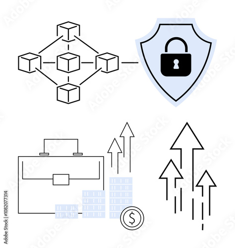 Blockchain network with interconnected blocks, a security shield with a lock, a business briefcase, stacks of coins, and rising arrows. Ideal for finance, security, growth, technology investment