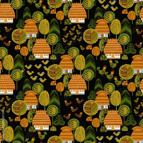 Ukrainian village. Folk art style.rtwork