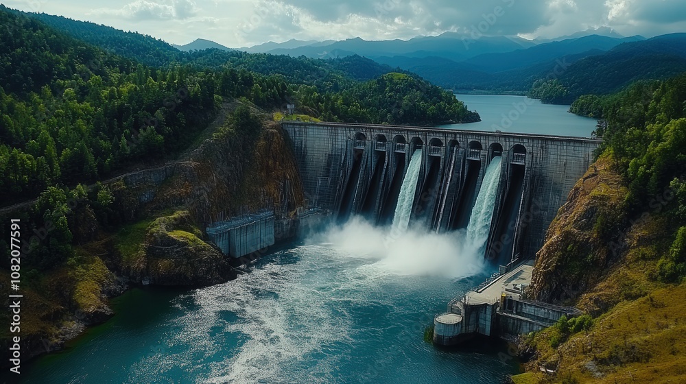 Serene Mountain Reservoir Landscape with Dam and Blue Sky Serene Mountain Reservoir Landscape with Dam and Blue Sky