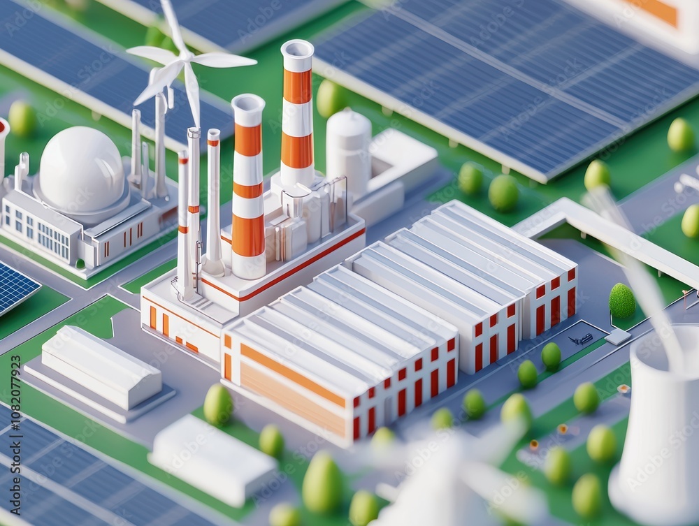 Power station surrounded by solar panels, wind turbines, and expanding transmission towers, highlighting energy infrastructure growth, 3D illustration Power station surrounded by solar panels, wind turbines, and expanding transmission towers, highlighting energy infrastructure growth, 3D illustration