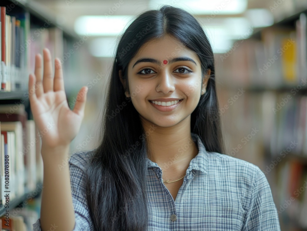 Waving Student at Library Waving Student at Library
