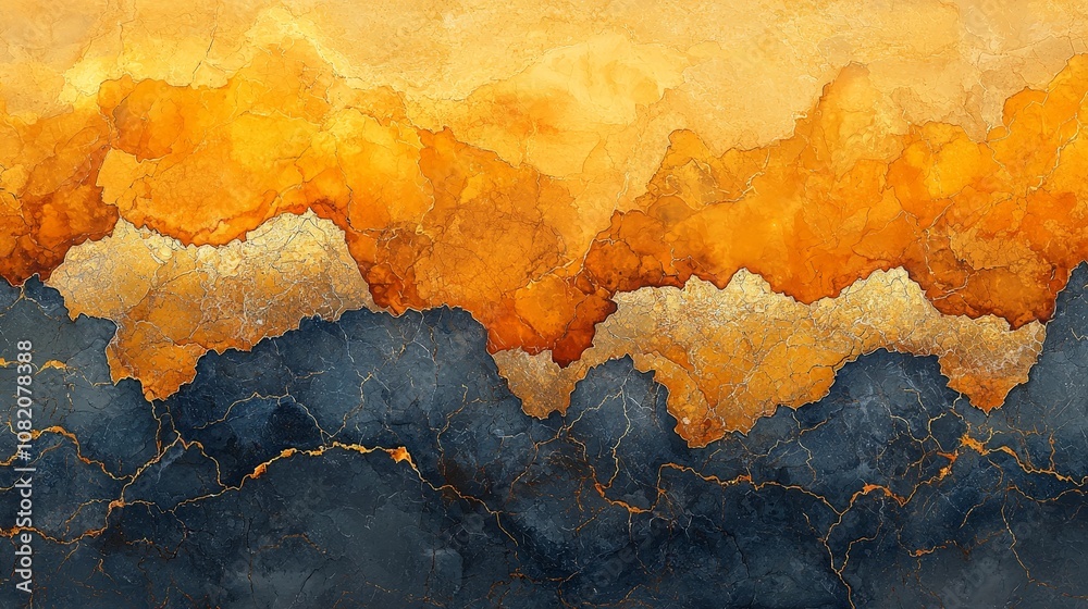 Abstract textured artwork featuring warm orange and dark blue hues with golden accents.
