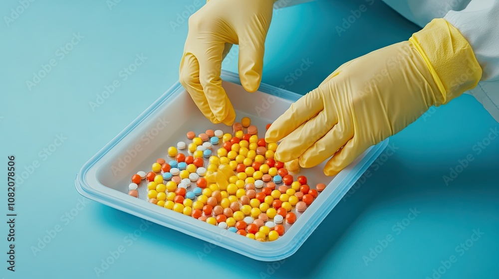 Obraz premium Hands wearing nitrile gloves organizing pills in a tray, symbolizing safety in pharmaceutical work.