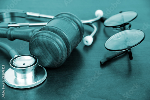 Judge gavel with stethoscope and eyeglasses on table. Malpractice and medical mistake concept. photo