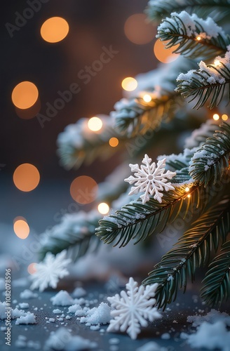 Silver snowflakes on a festive background with bokeh, vertical image