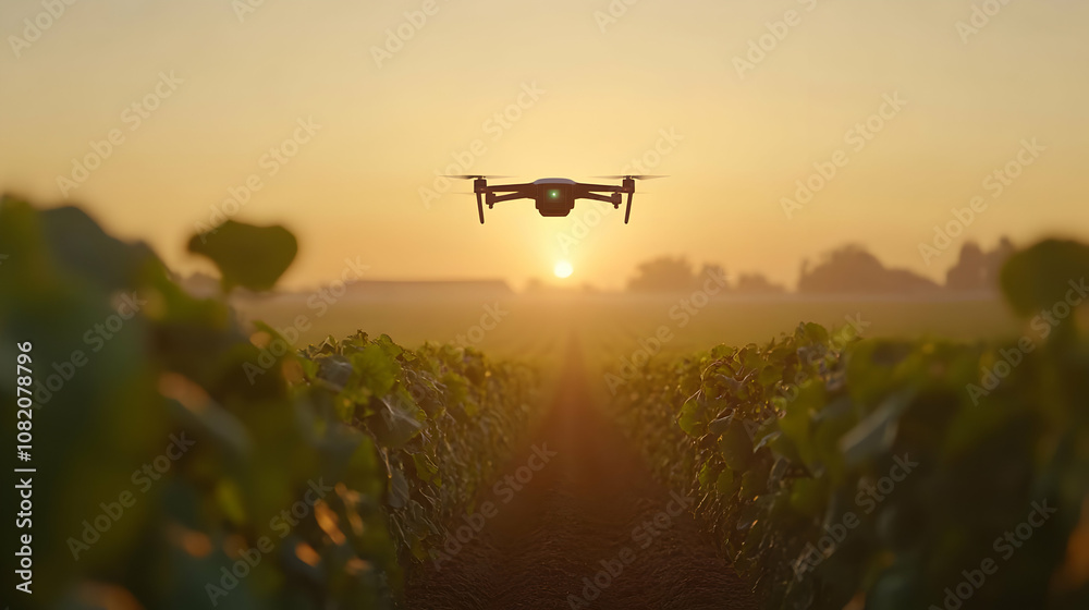 Photo Drone Surveying Crops at Sunrise Photo Drone Surveying Crops at Sunrise
