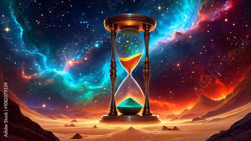 Time, Sand, and Cosmos: An Hourglass in a Desert Landscape under a Bright Galactic Sky, Symbolizing Eternity, Mystical Depth, and the Magic of the Universe Intertwined with the Concept of Infinity 