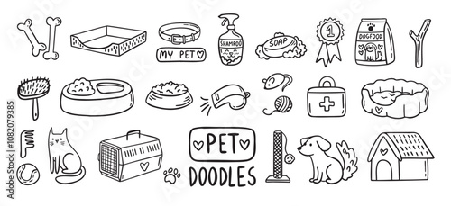Pet Cat and Dog doodle hand drawn set elements. Pet stuff drawing isolated icons