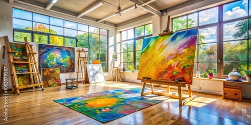 In a well-lit studio, an expansive blank canvas awaits, inviting you to unleash your creativity and explore your artistic aspirations in vibrant surroundings.