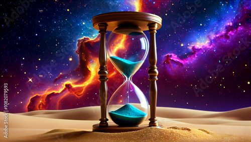 Time, Sand, and Cosmos: An Hourglass in a Desert Landscape under a Bright Galactic Sky, Symbolizing Eternity, Mystical Depth, and the Magic of the Universe Intertwined with the Concept of Infinity 
