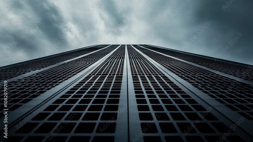 Fototapeta premium Low-angle shot of a grid metal fence under an overcast sky, evoking a somber, moody vibe.