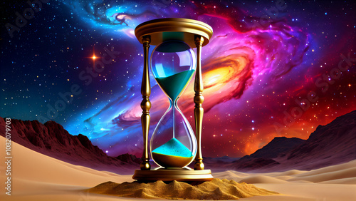 Time, Sand, and Cosmos: An Hourglass in a Desert Landscape under a Bright Galactic Sky, Symbolizing Eternity, Mystical Depth, and the Magic of the Universe Intertwined with the Concept of Infinity 