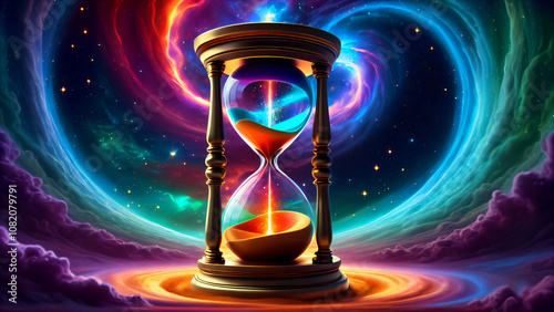 Time, Sand, and Cosmos: An Hourglass in a Desert Landscape under a Bright Galactic Sky, Symbolizing Eternity, Mystical Depth, and the Magic of the Universe Intertwined with the Concept of Infinity 
