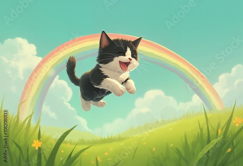 Playful Kitten Jumping with Rainbow in Background. Joyful expression on its face photo