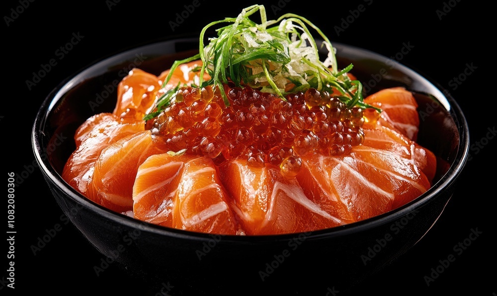 A bowl of sushi with a garnish of seaweed and a red sauce A bowl of sushi with a garnish of seaweed and a red sauce