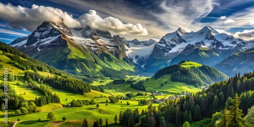 In the Bernese Highlands, lush green valleys cradle majestic, snow-capped peaks, offering an awe-inspiring landscape that enchants adventurers and wildlife enthusiasts alike.